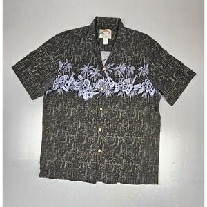 Paradise Found Hawaiian Shirt Mens Medium Vintage‎ Black Rayon Floral Guitar